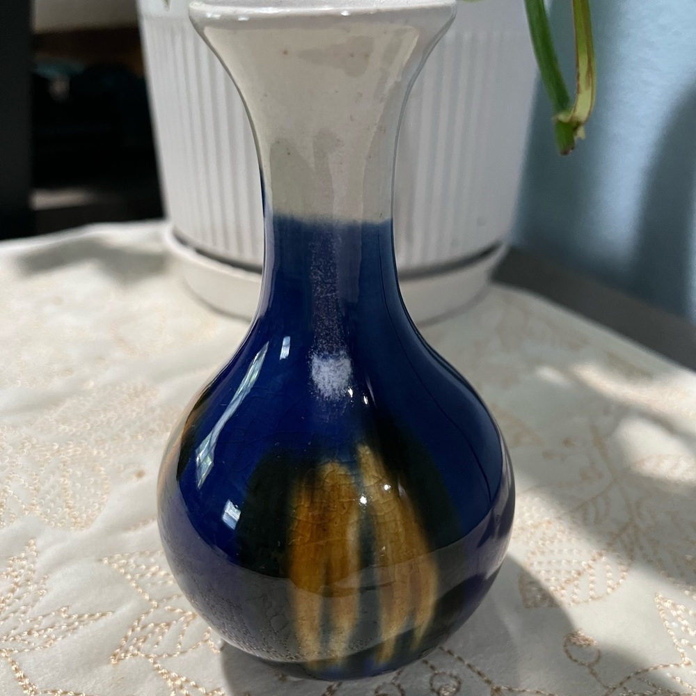 small vintage art pottery Bud vase blue